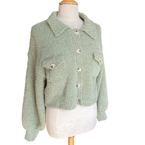 NWT Blue Blush Chunky Boucle Knit Sage Button Sweater Jacket Cottagecore Boho -M - Picture 1 of 15